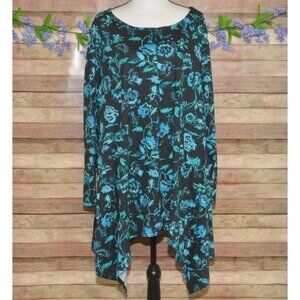 Roaman's Black Green Floral Asymmetric Hem Tunic Blouse Plus Size 3X Romantic